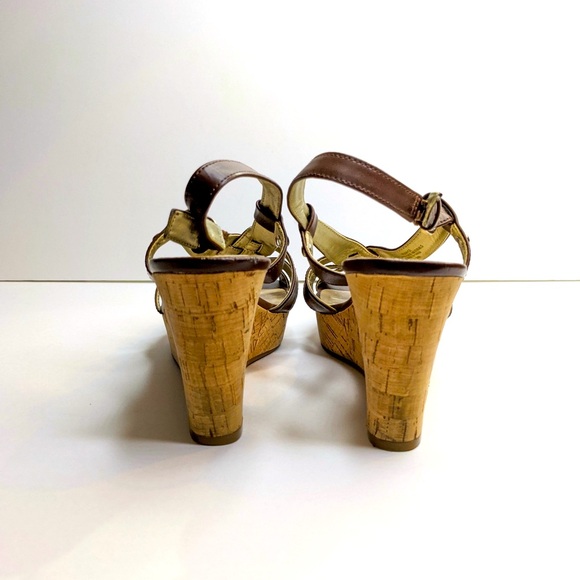 Guess Brown Strappy Cork Wedges Womens 7.5 Vegan Leather Platform Sandals - Picture 4 of 6